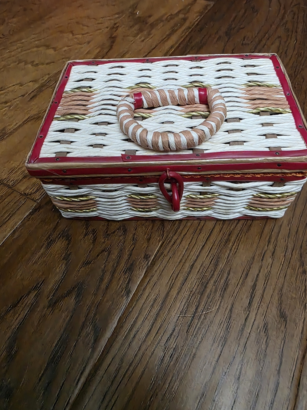 Vintage 9" X 6" Wicker Red White Sewing Basket Box with Pink Satin Lining